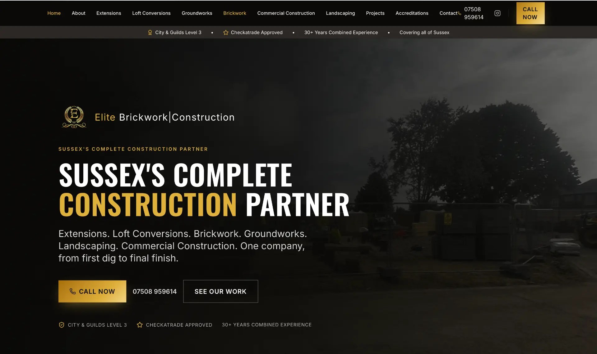 Elite Construction website homepage